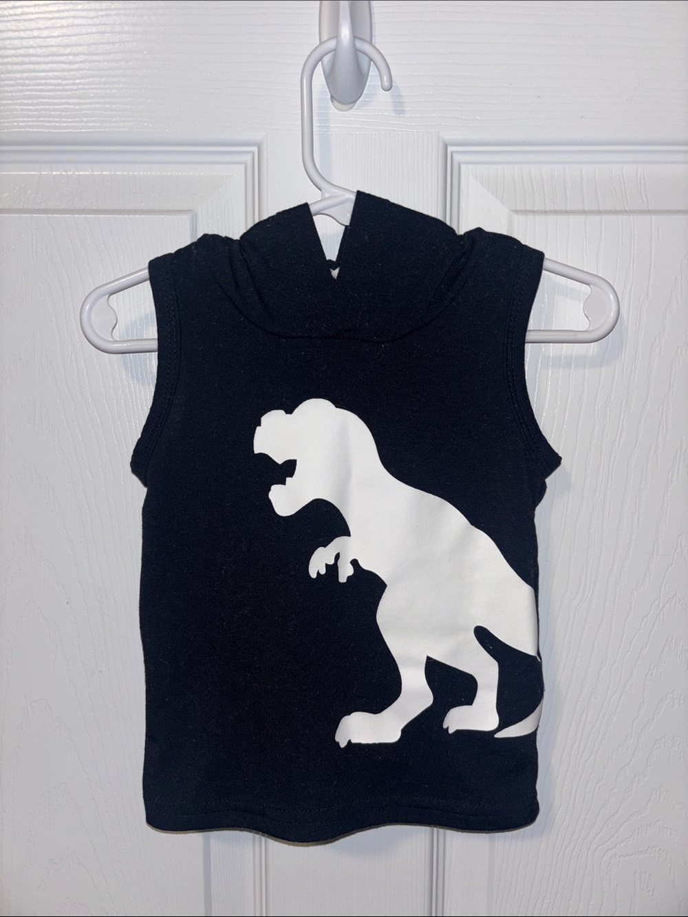 Toddler Sleeveless Black Hoodie Tank with White Dinosaur Graphic
